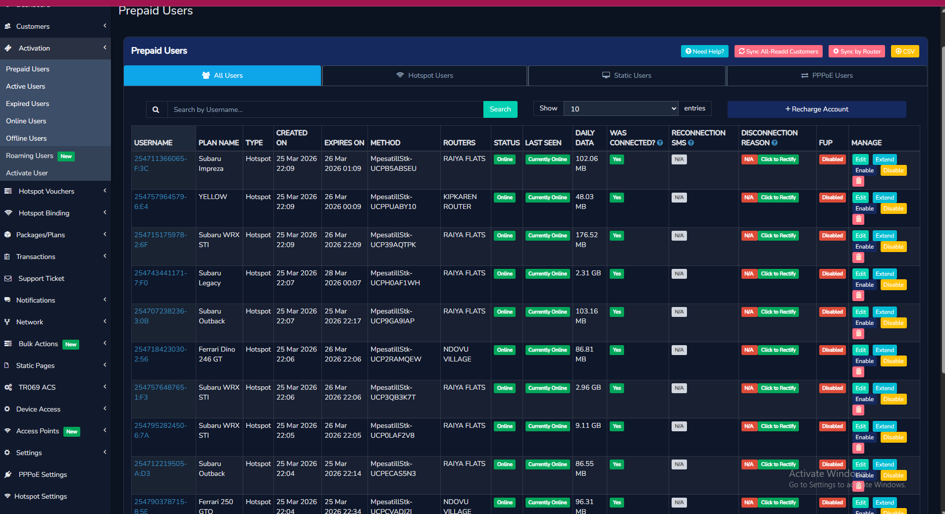 Hotspot Uganda prepaid users management showing customer status and billing